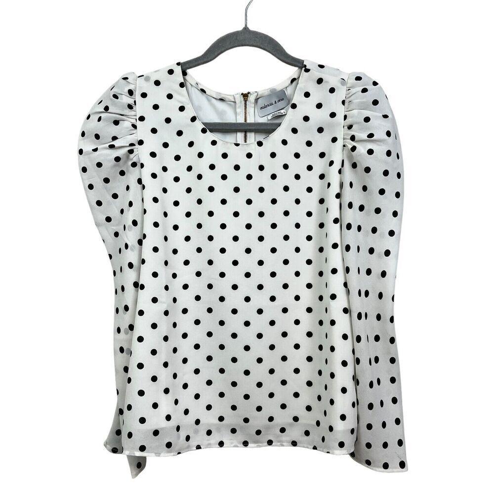 Valencia and Vine Womens Polka Dot Blouse Puffed Long Sleeves Zip White Black S*